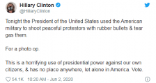 希拉里批评特朗普滥用总统权力 斥责其动用军队驱散抗议者